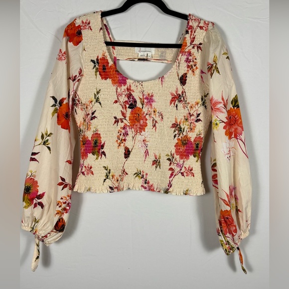 By Anthropologie Top Smocked Peplum Floral Cream Pink - M - Picture 4 of 13